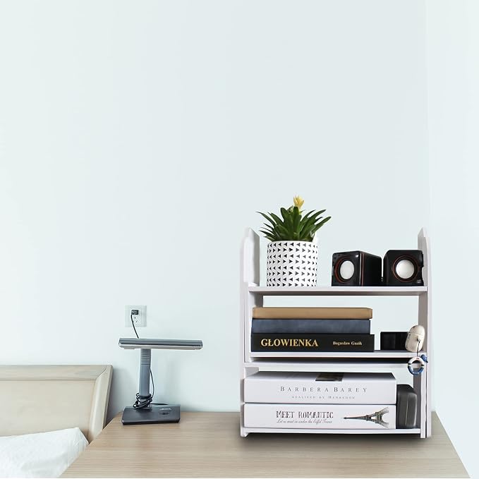 YGYQZ Adjustable PVC Desktop Organizer Storage Rack - White Desk Shelf for Office, Women, Dormitory & Home Decor
