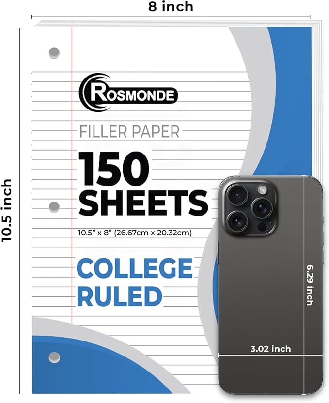 Rosmonde 3600 Sheets Loose Leaf Paper Bulk, 24 Pack, College Ruled Paper | Bulk Notebook Paper, 8" x 10.5", 150 Sheets/Pack, Bulk Office Filler Paper, 3 Hole Punched, College Ruled Paper For Binder