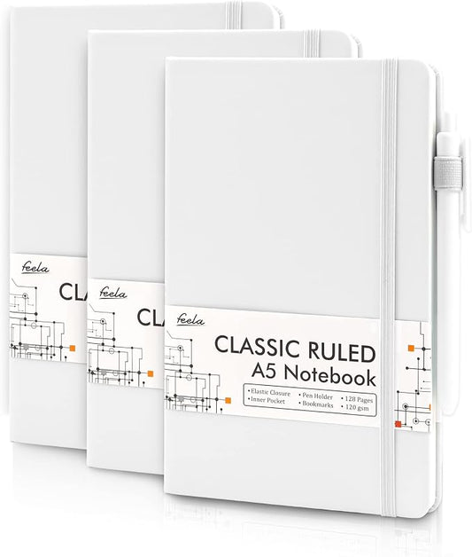 feela 3 Pack Notebooks Journals Bulk, Hardcover Notebook Classic Ruled Lined Journals with Pen Holder for Women Girls School Business Supplies, with 3 Black Pens, 120 GSM, 5.1”x8.3”, A5, White