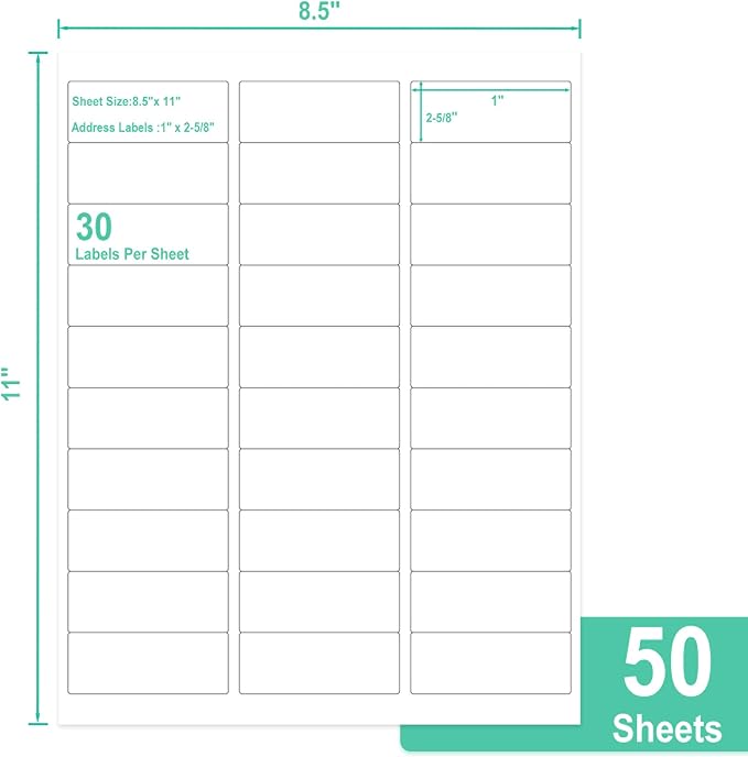 L LIKED Printable Address Labels, 1" x 2-5/8", 1,500 Labels, 30 per Sheet, Mailing Labels for Envelopes (50 Sheets)