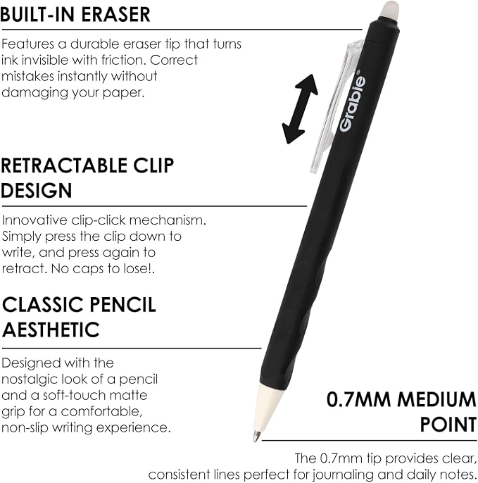 Grabie Erasable Gel Pens, Medium Point 0.7 mm Erasable Pens, Make Mistakes Disappear for Drawing Writing Planner, Pack of 6, Black