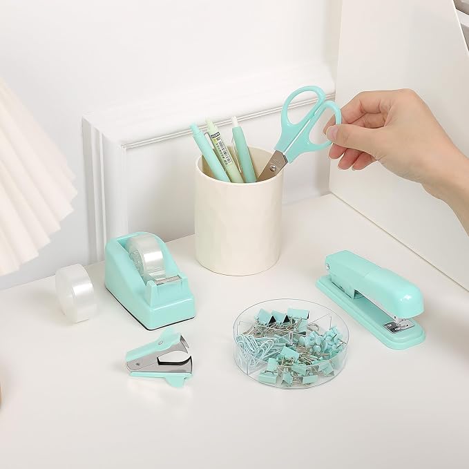 SKYDUE Teal Office Supplies Set - Desk Accessories, Stapler, Tape Dispenser, Scissors, Clips and 1000pcs Staples for Teachers