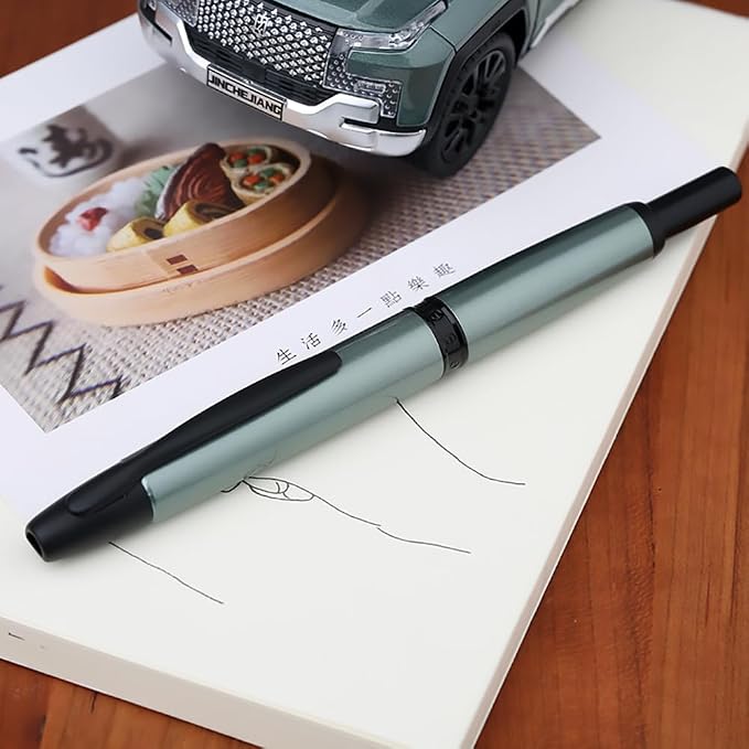 erofa Majohn A1 Press Fountain Pen Fine Nib with Box, Retractable Green Metal Ink Pen with Converter Writing Set (Black Clip Version)