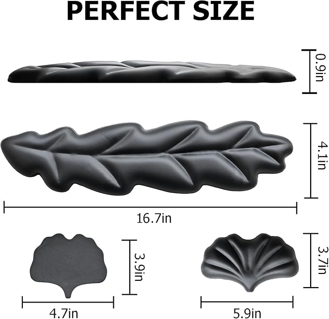 Ergonomic Keyboard Wrist Rest, Leaf Shape PU Leather Memory Foam Wrist Support for Computer Keyboard, Keyboard Pad and Cute Mouse Wrist Pad for Gaming,Office, Computer, Typing Pain Relief, Black