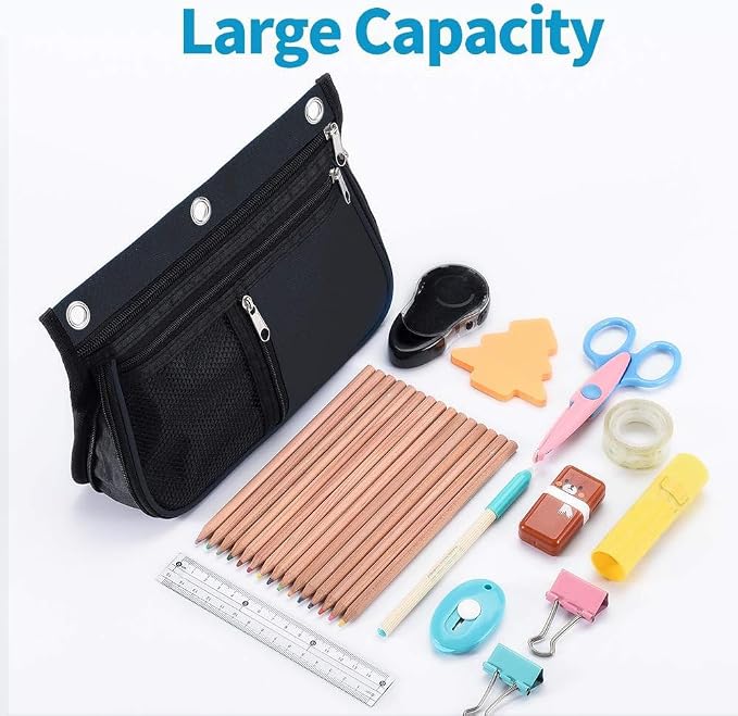 Sooez Pencil Pouch for Binder, Expandable Zipper Pencil Pouch, Fabric Pencil Pouches Binder Pockets, Large Capacity Binder Pouch, Pencil Case, 3 Ring, Black, 2 Pack-Grey & Pink
