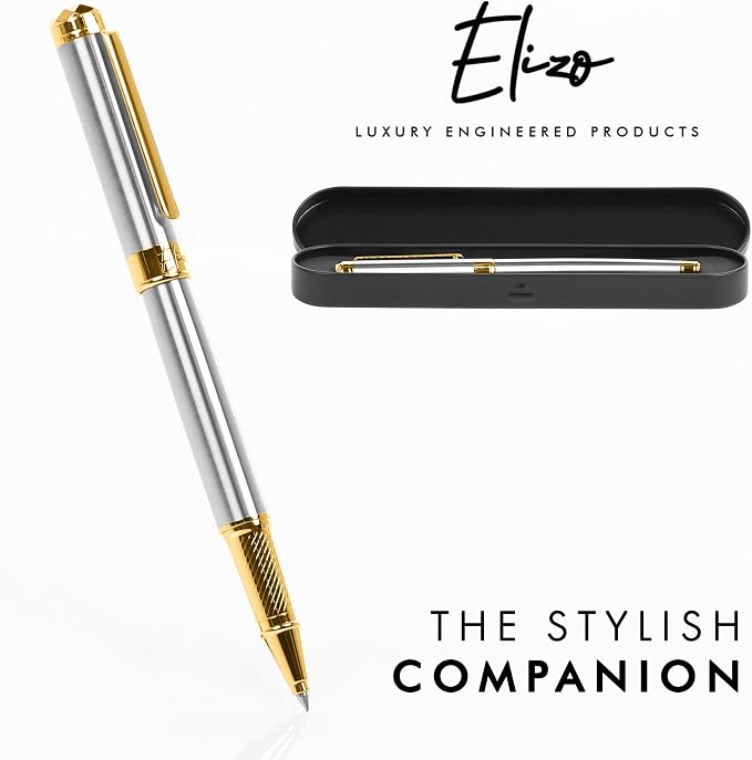 ELIZO Luxury Rollerball Pen & 2-Layer Leather Desk Mat Bundle – 24K Gold Trim Executive Pen with Schmidt Ink & Large 3mm Desk Pad Blotter for Office, Keyboard & Laptop