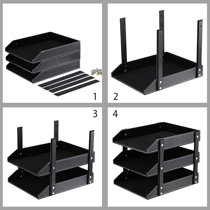 Leather Desk Organizer, Thipoten 3-Tier Stackable Letter Tray Holder for Office Supplies, Paper, File, Magazine, Perfect Office Organization for Desktop (Black-3Tiers)
