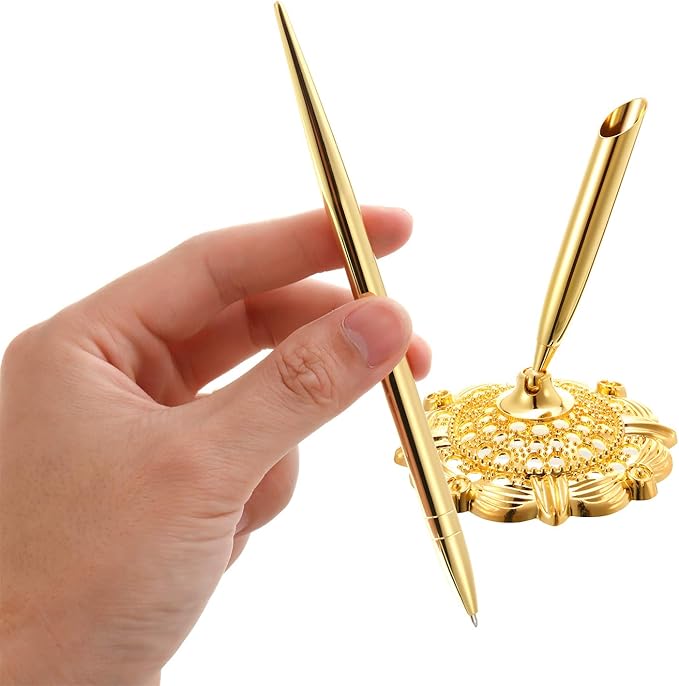 Outus 2 Pieces Wedding Pens for Guest Book Signing Pen with Metal Hollow Round Holder Stand Set for Wedding Bridal Engagement Reception Supplies(Gold)