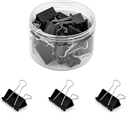Temiary Binder Clips, Medium Metal Binder Paper Clip Black 1.26Inch, 24 Pcs | Paper Clamps with Clear Storage Container, Binding Paperwork Clamps for School Teachers Office Supplies