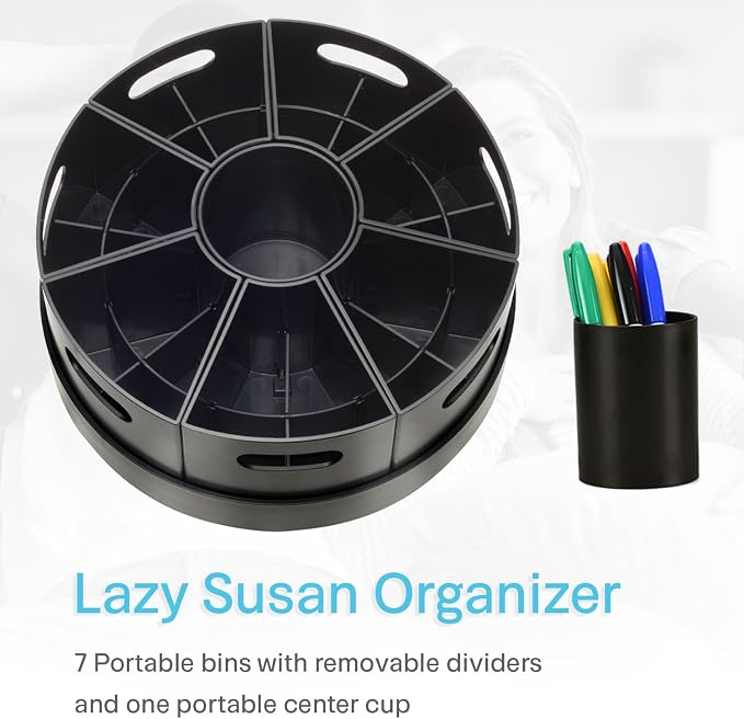 Black Rotating Desk Organizer Lazy Susan Caddies for Home School Office Supplies, Pens, Markers and Art Supplies for Classroom