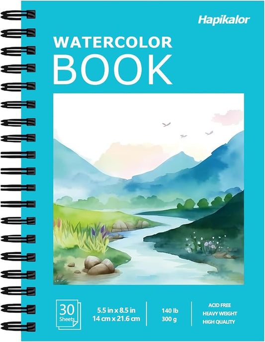 Hapikalor 5.5"x8.5"Watercolor Small Sketchbook for Kids, 30 Sheets (60 Pages) Spiral Bound, Water Color Paper, 140lb/300gsm Watercolor Paper, Watercolor Notebook, Watercolor Journal, Sketch Pad, Teal