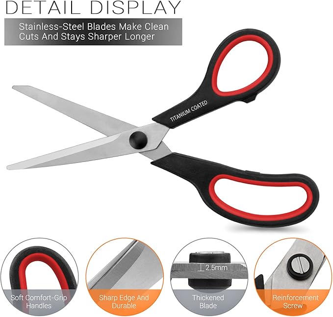 Scissors 8" Multipurpose Titanium Coated Sturdy Sharp, Black, 1 Pack | Right/Left Handed Comfort-Grip Handles, for Office Home School, Sewing Fabric Craft Supplies