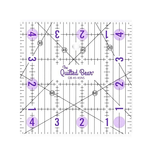 The Quilted Bear Square Quilting Ruler, Transparent Acrylic, 4.5" x 4.5" | Non-Slip, Precise Bold Lines, 30, 45 & 60 Degree Angles, 3mm Thick Transparent Acrylic, for Quilt Blocks, Sewing & Craft