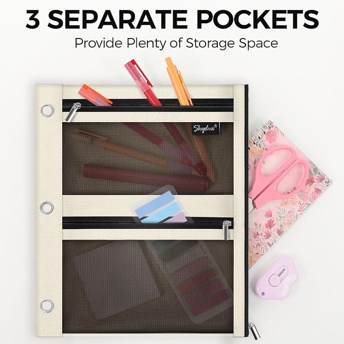 SKYDUE 3 Ring Pencil Pouch for Binder, Zipper Binder Pencil Pouch with 3 Pockets and Mesh Window, Durable Organizer for School Supplies, Cables, Earbuds, Makeup