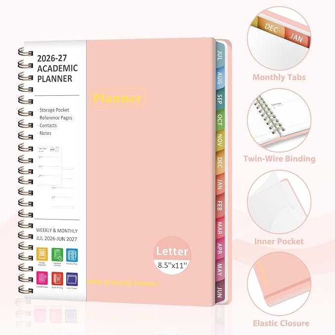 Planner 2026-2027, Academic Weekly and Monthly Calendar Planner, July 2026 - June 2027, Hardcover Spiral Agenda Book, School Supplies for Teacher Student - Letter Size(8.5" x 11")