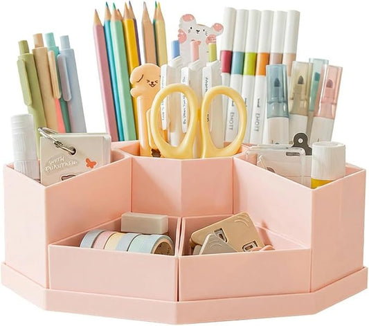 360 Degree Rotating Desk Organizer Caddy with 9 Compartments, Large Capacity Detachable Pencil Holder for Desk, Multifunctional Desktop Storage for Office, School, Home, Dressing Table, Pink