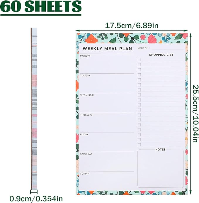 Thboxes 60 Sheets Magnetic Weekly Meal Planner for Fridge, Grocery List Pad | Tear-Off Shopping List, 7 x 10 In, Flower Design, Full Backing Grip, for Meal Prep, Kitchen, Families, Parents, Home Office