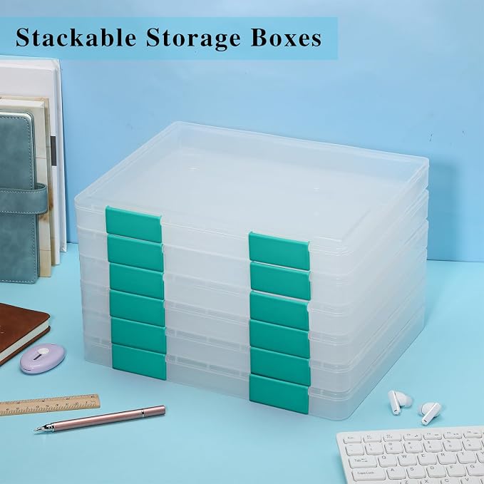 PerKoop 6 Pcs Clear Paper Storage Box,12.4 x 9.84 x 1.18 Inches,Dark Green | A4 Plastic File Box Document Paper Organizer Storage Board Game Project Cases Containers with Buckle for Craft, Magazine
