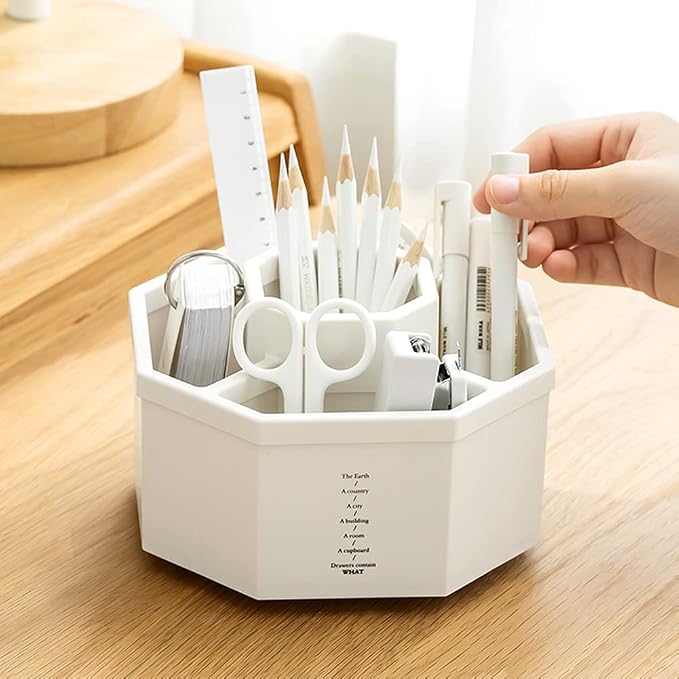Desk Organizer, 360-Degree Rotating Multi-Functional Pen Holder, 5 Compartments Desktop Stationary Organizer, Home Office Art Supply Storage Box Caddy (White)