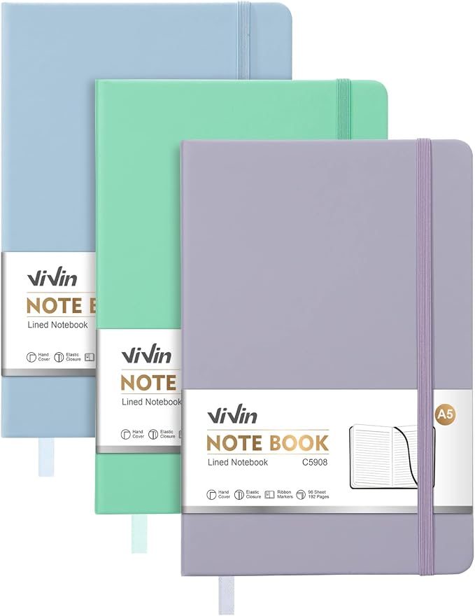 ViVin Lined Journal Notebooks,3 Pack,192 Pages,Medium 5.5 x 8.3 inch,College Ruled,A5 Hardcover Notebooks,Journaling Notebooks for Professional Office Work,Writing, School