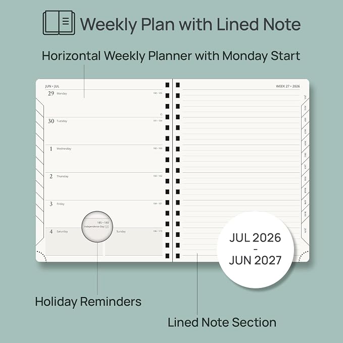 POPRUN Weekly Planner 2026-2027, 6.5" x 8.5", (July 26-June 27) Academic Weekly and Monthly Planner, Calendar Notebook 2026-2027 Agenda for School, College, Spiral Leather Softcover - Magenta