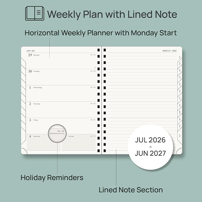 POPRUN Weekly Planner 2026-2027, 6.5" x 8.5", (July 26-June 27) Academic Weekly and Monthly Planner, Calendar Notebook 2026-2027 Agenda for School, College, Spiral Leather Softcover - Navy Blue