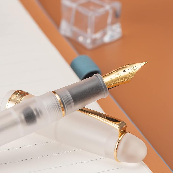 Asvine V126 Vacuum Filling Fountain Pen Gold Plated Fine Point, Frosted Transparent Clear Acrylic Pen Gift Case