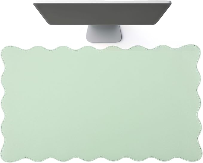 Tellegloww Scalloped Desk Mat Leather Desk Pad Protector Non-Slip PU Leather Table Protector Waterproof Mouse Pad Keyboard Mat Curly Mousepad PC Accessories Gift for Office Home (Sage Green)
