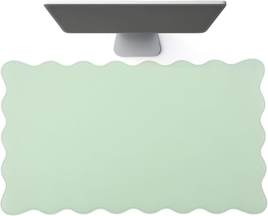 Tellegloww Scalloped Desk Mat Leather Desk Pad Protector Non-Slip PU Leather Table Protector Waterproof Mouse Pad Keyboard Mat Curly Mousepad PC Accessories Gift for Office Home (Sage Green)