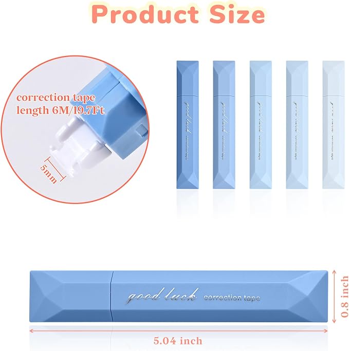 Temiary 5 Pcs White Correction Tapes, Aesthetic Correction Tape Pens Smooth Pull Out, Easy to Use Pen Shaped Applicator for Students School Office Supplies (Blue)