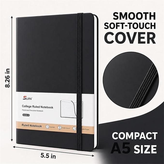 SUIN Hardcover-Journal-Notebooks, A5 Lined Journals Notebook for Writing 200 Pages, 8.2 x 5.5 inch, Classic Ruled Notebooks for Work/Travel/College (Black- 1 Pack)