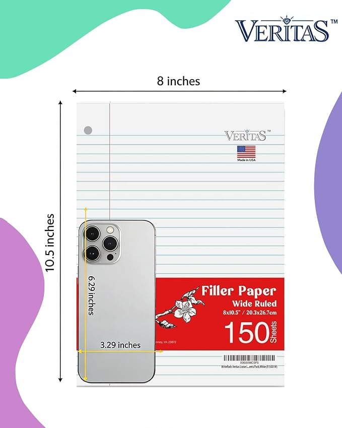 Loose Leaf Paper Wide Ruled, 8" x 10.5" Binder Filler Paper, 3 Hole Punched Notebook Paper, 3600 Sheets Total 24 Pack 150 Sheets/Pack, Bulk School & Office Supplies, Made in USA