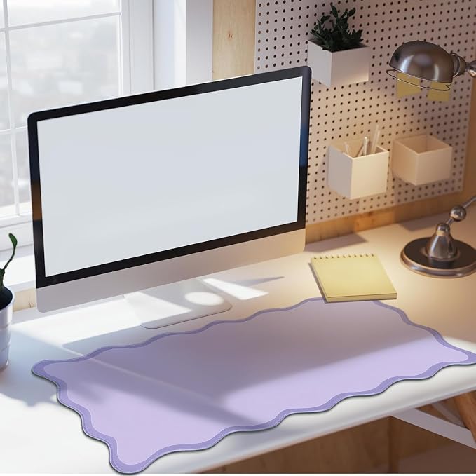Hahafelt Scalloped Desk Mat Large Desk Pad Cute Coquette Table Mat Back to School Preppy Table Make up Pad Nonslip Graduation Gift with Stitching Waterproof Gaming(Purple,23.6 x 13.8 Inches)
