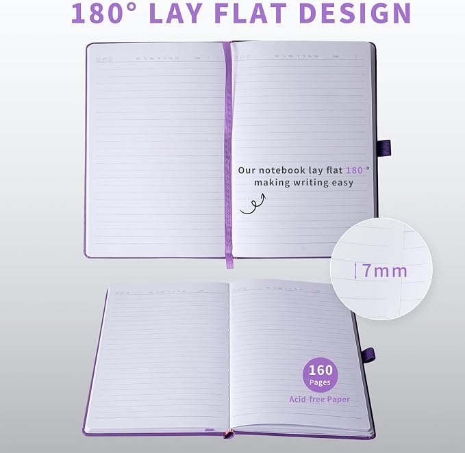 Heture Hardcover Journal Notebooks, A5 Lined Notebook for Writing and Work, 160 Pages 100 GSM Thick Paper, Ruled Notebooks Bulk with Elastic Closure, Hardcover Notebook for Work, School, Travel, Note Taking (Lavender Purple, 1 Pack)
