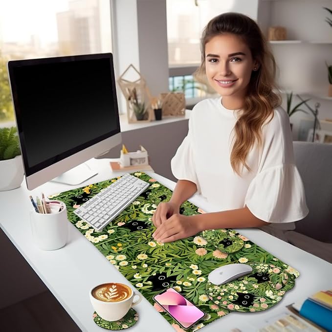 LIMKRIAN Cat Mouse Pad with Wrist Rest, Green Office Desk Accessories | Desk Mat Sets Accessories, Gaming Ergonomic Mouse Pad Wrist Support, Keyboard Mat Wrist Rest, Cup Coaster, Cute Desk Decor