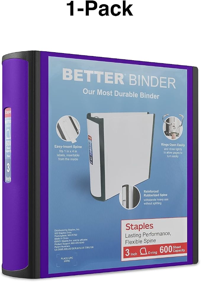 Staples Better Binder, 3" Heavy‑Duty D‑Ring 3‑Ring Binder, Purple, Reinforced Spine, 600‑Sheet Capacity, Durable Organizer for Office, School & Presentations, 2‑Pack