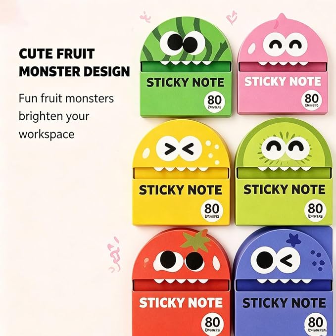 Cute Fruit Monster Pop Up Sticky Notes, Transparent Pull Out Sticky Notes, Translucent Sticky Notes Index Tabs Fun Clear Note, 80 Sheets Per Box, for Office, School，12 Boxes