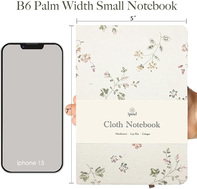 Floral Linen Notebook, Similar Embroidered, Small, 5x7, B6, Hardcover, Lay Flat, Lined & Unlined Sketchbook, Journal for Women,White