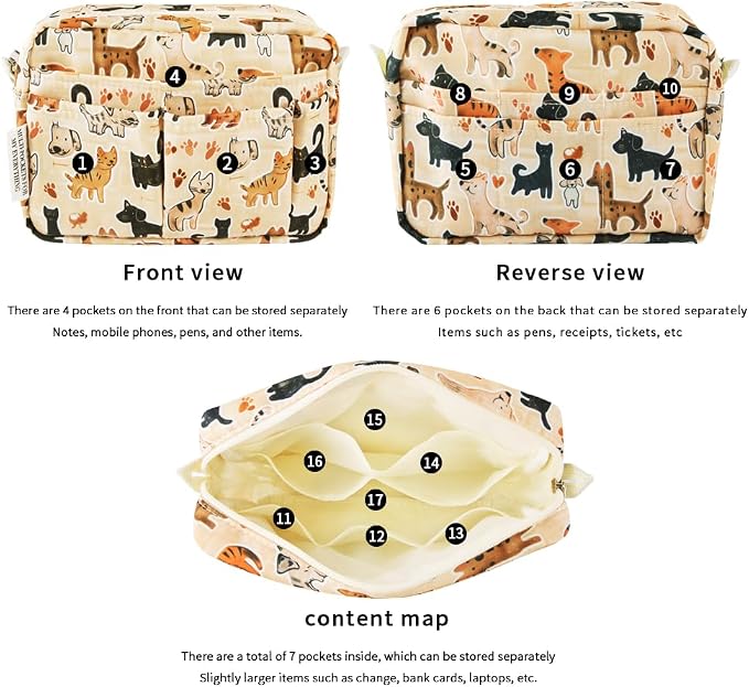 E-WEICHEN Multiple Pockets Portfolio Organizer with Zippered, Makeup Bag Travel Essentials for Women, Simple Waterproof Stationery Pencil Pouch Bag for Journal Office Art Supplies.Beige Dog