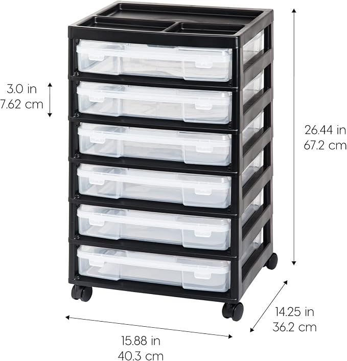IRIS USA Fits 12" x 12" Paper, 6-Tier Scrapbook Rolling Storage Cart with Organizer for Stationery Vinyl Tools Office Art and Craft Supplies, Yarn, 6 Clear Cases w/Built in Handle - Black/Clear