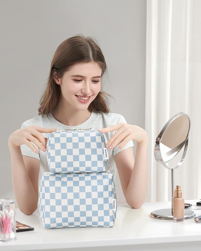 Narwey Checkered Makeup Bag Travel Cosmetic Bag Organizer Toiletry Bag Make Up Bags with Compartments for Women Girls((Large, Sky Blue Checkerboard)