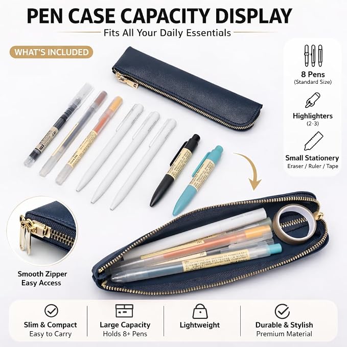 Slim Pencil Case Small Pencil Pouch Pen Case (Navy Blue/FL)