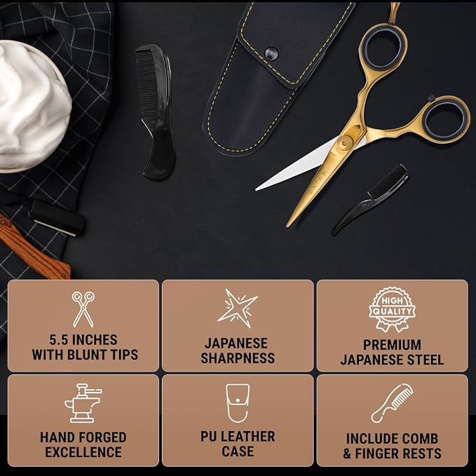 Ontaki Beard & Mustache Scissors for Men - 5.5" Japanese Steel, Gold Brass | Precision Sharp Blades, Ergonomic Finger Rest & Adjustable Tension Screw for Perfect Trimming - Beard Grooming Scissors