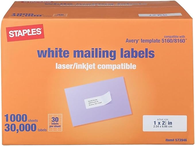 Staples Laser & Inkjet Address Labels, 1" x 2‑5/8", White, 30 Labels per Sheet, Printable Mailing Labels for Home & Office