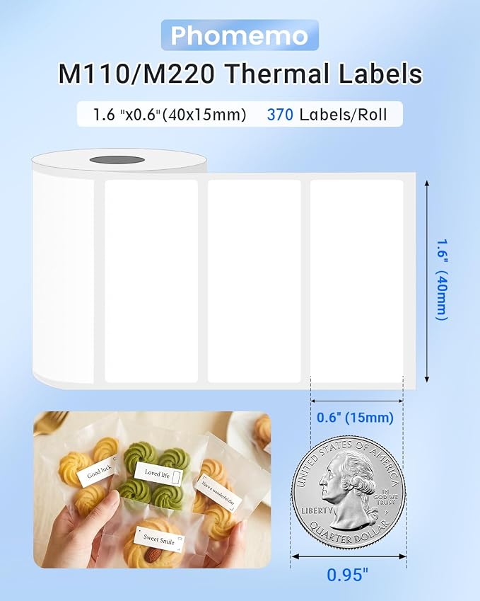 Phomemo M110 Labels, 1110 Pcs 1.57'' x 0.59'' (40x15mm) | for M110 M100 M220 M221 M120 M200 Label Printer, 370 Labels/Roll, for Small Price Tag, Mailing,Address,Shipping,Barcode