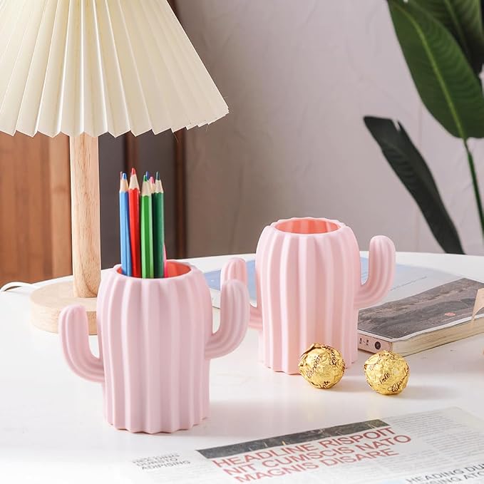 Silicone Pen Holder Cactus Pencil Holder Cute Pens Cup for Desk for Kids Office Decor Desk Accessories Makeup Brush Holder, Toothbrush holder Gift for Girls (Pink)