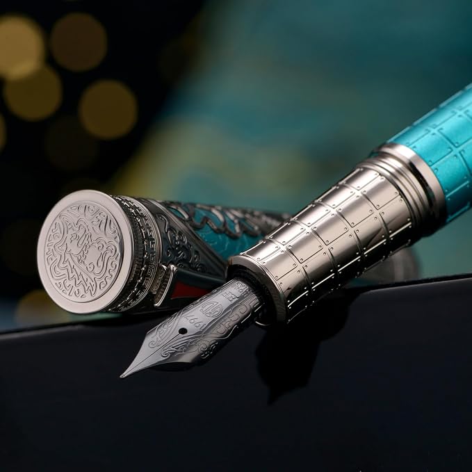 Hongdian D5X Fountain Pen Turquoise Color Fine Nib, Qin Dynasty Retro Chinese Totem Engraving Smooth Writing Pen with Converter and Pen Box Set