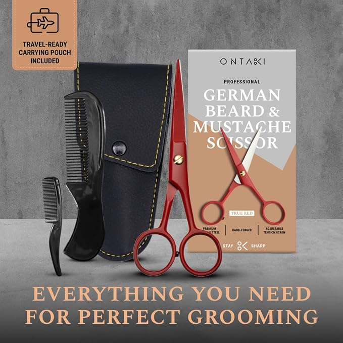 Ontaki 5" Beard & Mustache Scissor with Combs for Men - True Red | 410C Durable German Steel, Ergonomic Travel Friendly Design for Facial Hair - Beard Grooming Kit & Case Perfect for Styling