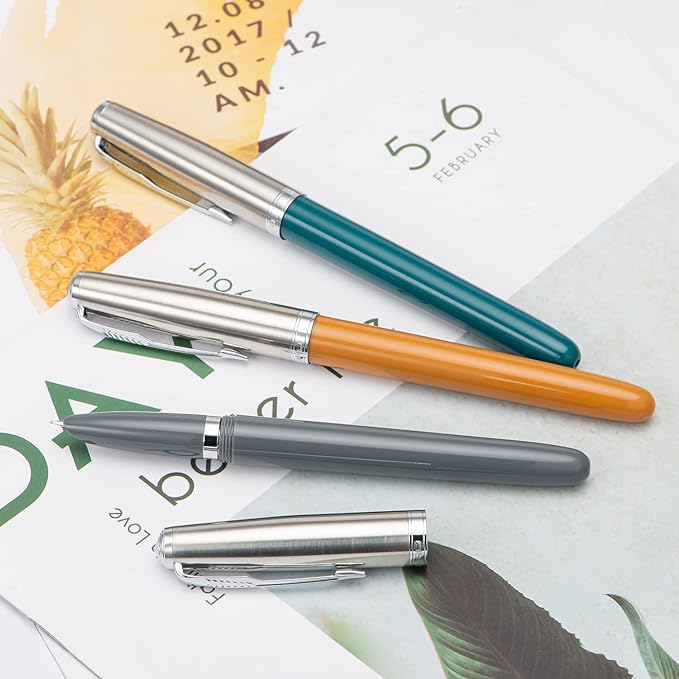 3 Jinhao 86 Fountain Pen Set (Malachite Blue, Khaki and Gray Resin) Extra Fine Nib with Refillable Ink Converter