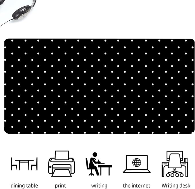White Polka Dot Leather Desk Mat Extended Gaming Mouse Pad | Non-slip Large Writing Pad Laptop Blotter Computer Keyboard Mat | Cute Black Desk Protector for Home Office 23.6" x 11.8"